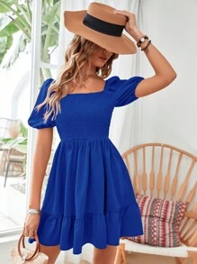 SHEIN Privé Đầm Viên lá sen Dải chun màu trơn Boho - Xanh đậm - Xem 6