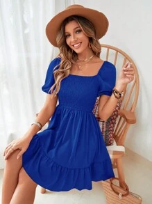 SHEIN Privé Đầm Viên lá sen Dải chun màu trơn Boho - Xanh đậm - Xem 7