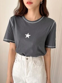 DAZY Áo thun thêu hình ngôi sao Y2k - Xám - Xem 1