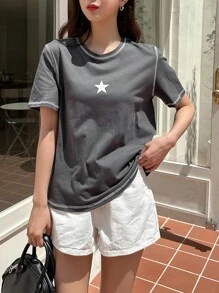 DAZY Áo thun thêu hình ngôi sao Y2k - Xám - Xem 2