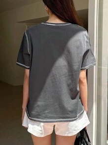 DAZY Áo thun thêu hình ngôi sao Y2k - Xám - Xem 3