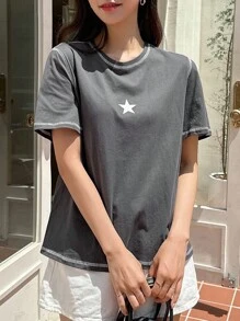 DAZY Áo thun thêu hình ngôi sao Y2k - Xám - Xem 4