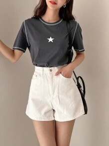 DAZY Áo thun thêu hình ngôi sao Y2k - Xám - Xem 5