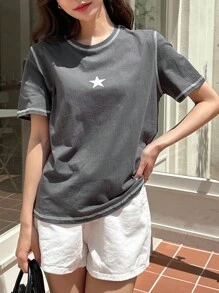 DAZY Áo thun thêu hình ngôi sao Y2k - Xám - Xem 6