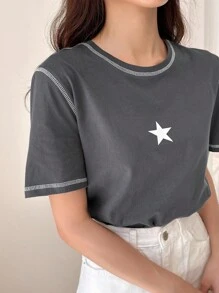 DAZY Áo thun thêu hình ngôi sao Y2k - Xám - Xem 7