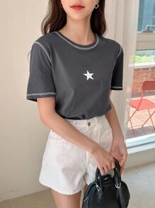 DAZY Áo thun thêu hình ngôi sao Y2k - Xám - Xem 8