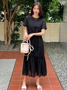 DAZY Đầm Viên lá sen màu trơn Dễ thương - màu đen - Xem 3