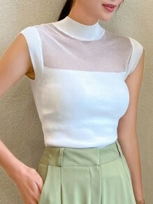 DAZY Contrast Mesh Mock Neck Knit Top - White - View 1