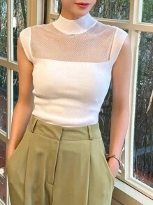 DAZY Contrast Mesh Mock Neck Knit Top - White - View 5