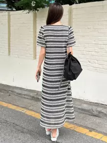 DAZY 條紋印花泡泡袖連衣裙 - 黑與白 - 查看 3