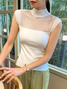 DAZY Contrast Mesh Mock Neck Knit Top - White - View 6