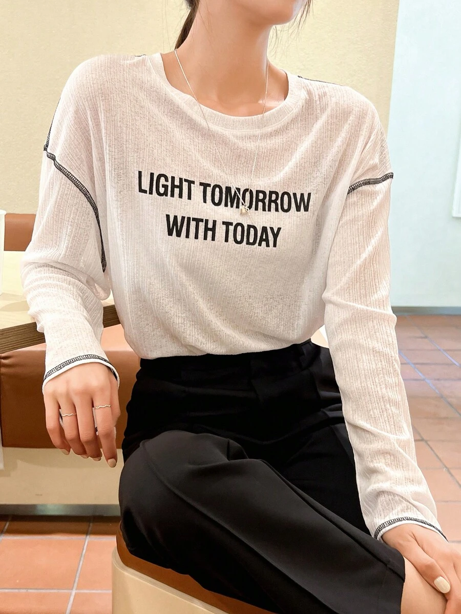 DAZY 標語圖案頂針落肩T恤 - 白色 - 查看 1