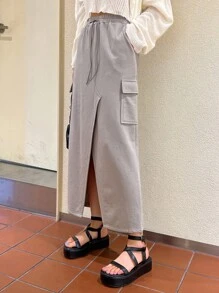 DAZY 翻盖口袋开衩大腿抽绳腰工装裙 - 灰色 - 查看 1