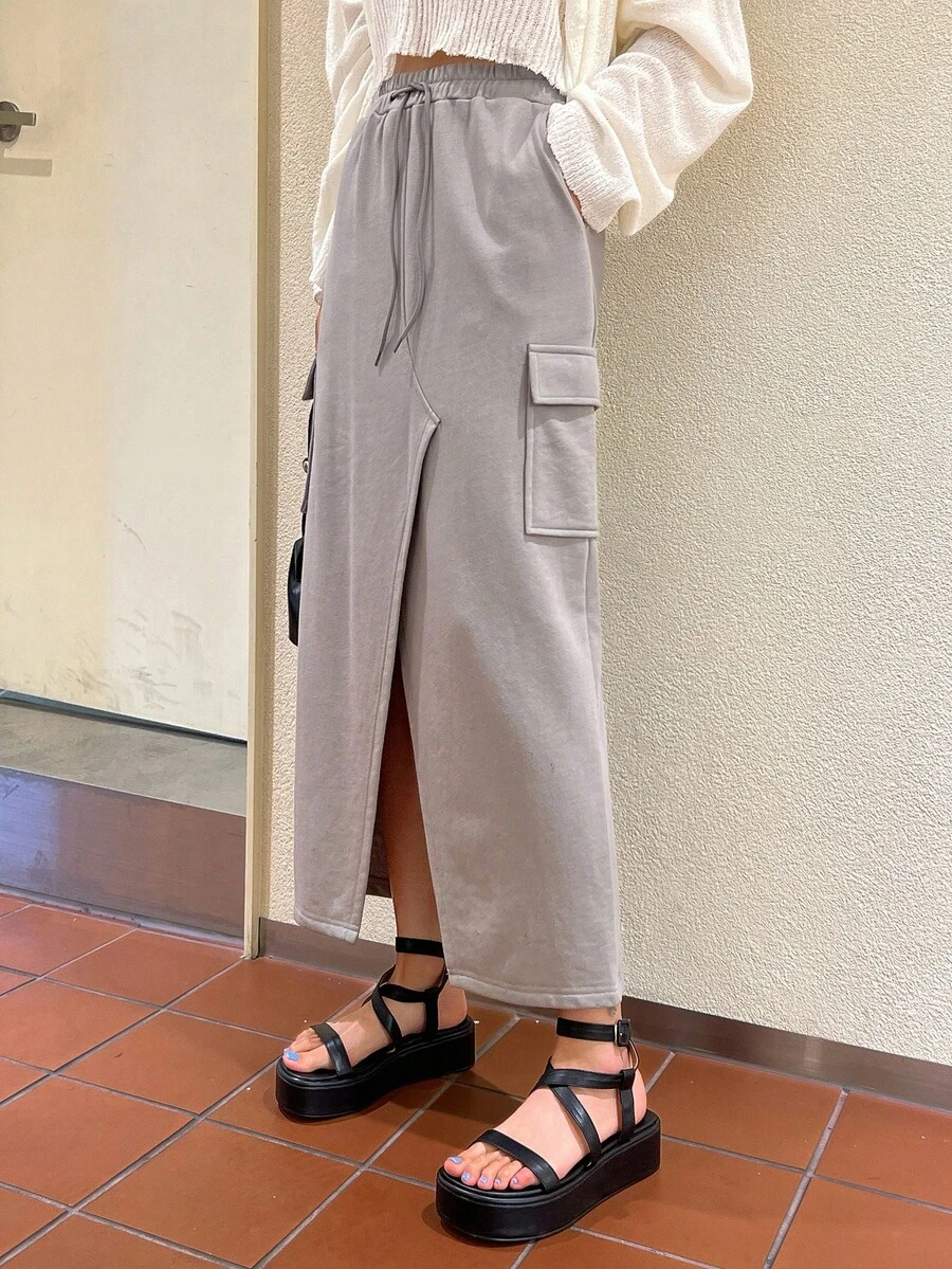 DAZY 翻盖口袋开衩大腿抽绳腰工装裙 - 灰色 - 查看 1