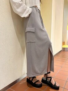 DAZY 翻盖口袋开衩大腿抽绳腰工装裙 - 灰色 - 查看 2