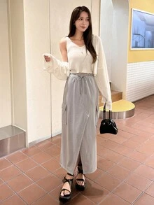 DAZY 翻盖口袋开衩大腿抽绳腰工装裙 - 灰色 - 查看 3