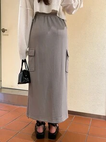 DAZY 翻盖口袋开衩大腿抽绳腰工装裙 - 灰色 - 查看 4