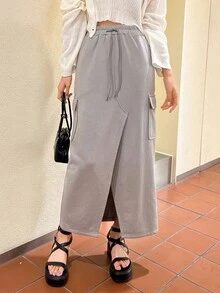 DAZY 翻盖口袋开衩大腿抽绳腰工装裙 - 灰色 - 查看 6