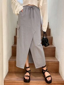 DAZY 翻盖口袋开衩大腿抽绳腰工装裙 - 灰色 - 查看 7