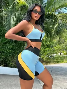 Easithlete Conjunto deportivo de mujer con bloques de color y malla de contraste