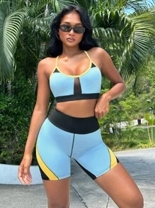 Easithlete Conjunto deportivo de mujer con bloques de color y malla de contraste