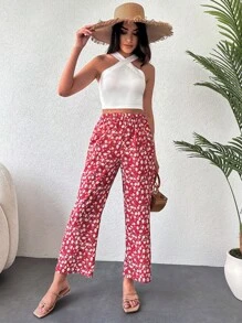 RueChic Ditsy Floral Print Trousers - Red - View 1