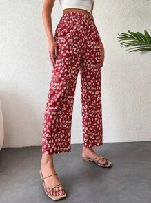 RueChic Ditsy Floral Print Trousers - Red - View 3
