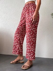 RueChic Ditsy Floral Print Trousers - Red - View 4