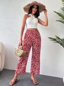RueChic Ditsy Floral Print Trousers - Red - View 5