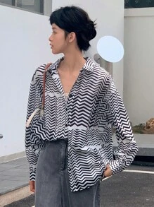 DAZY In sọc sóng Thả vai Áo sơ mi - Đen và trắng - Xem 1