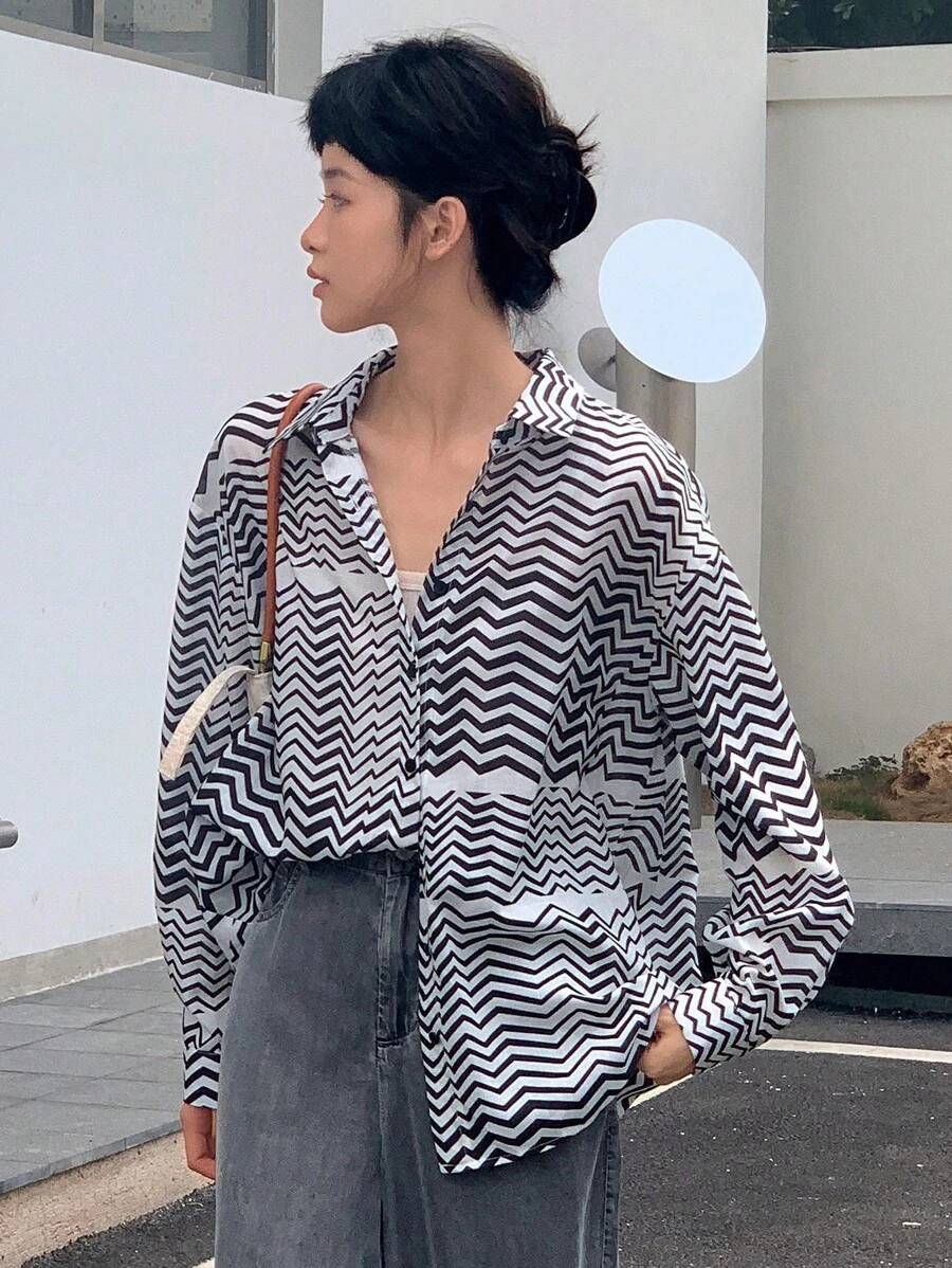 DAZY In sọc sóng Thả vai Áo sơ mi - Đen và trắng - Xem 1