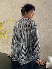 DAZY In sọc sóng Thả vai Áo sơ mi - Đen và trắng - Xem 2