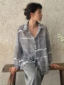 DAZY In sọc sóng Thả vai Áo sơ mi - Đen và trắng - Xem 3