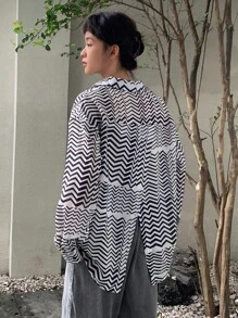 DAZY In sọc sóng Thả vai Áo sơ mi - Đen và trắng - Xem 4