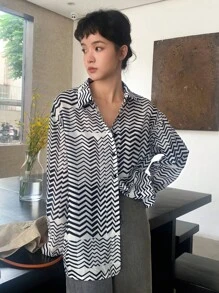 DAZY In sọc sóng Thả vai Áo sơ mi - Đen và trắng - Xem 5