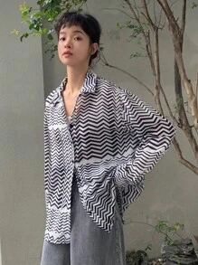 DAZY In sọc sóng Thả vai Áo sơ mi - Đen và trắng - Xem 6