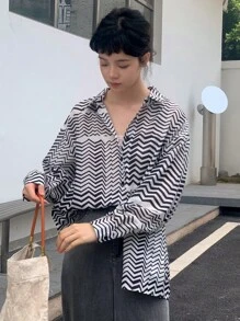 DAZY In sọc sóng Thả vai Áo sơ mi - Đen và trắng - Xem 7