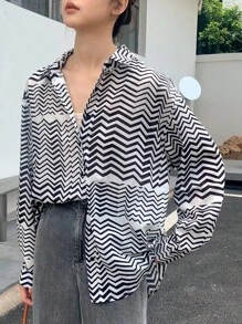 DAZY In sọc sóng Thả vai Áo sơ mi - Đen và trắng - Xem 8