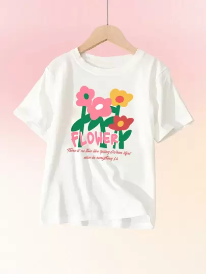 青少年女孩花和標語圖案T恤