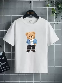 SHEIN 男孩小熊印花T恤 - 白色 - 查看 1