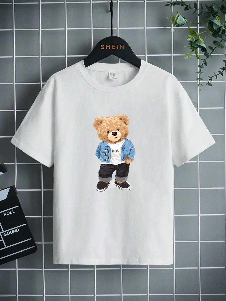 SHEIN 男孩小熊印花T恤 - 白色 - 查看 1