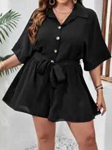 SHEIN VCAY 大碼蝙蝠袖腰帶襯衫連體短褲 - 黑色 - 查看 1