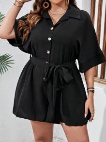 SHEIN VCAY 大碼蝙蝠袖腰帶襯衫連體短褲 - 黑色 - 查看 5