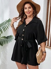SHEIN VCAY 大碼蝙蝠袖腰帶襯衫連體短褲 - 黑色 - 查看 6