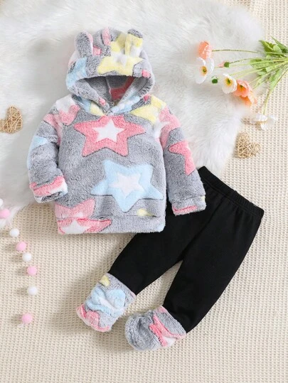 SHEIN Playful Pals 女嬰撞色和星星印花抓絨連帽兩件套