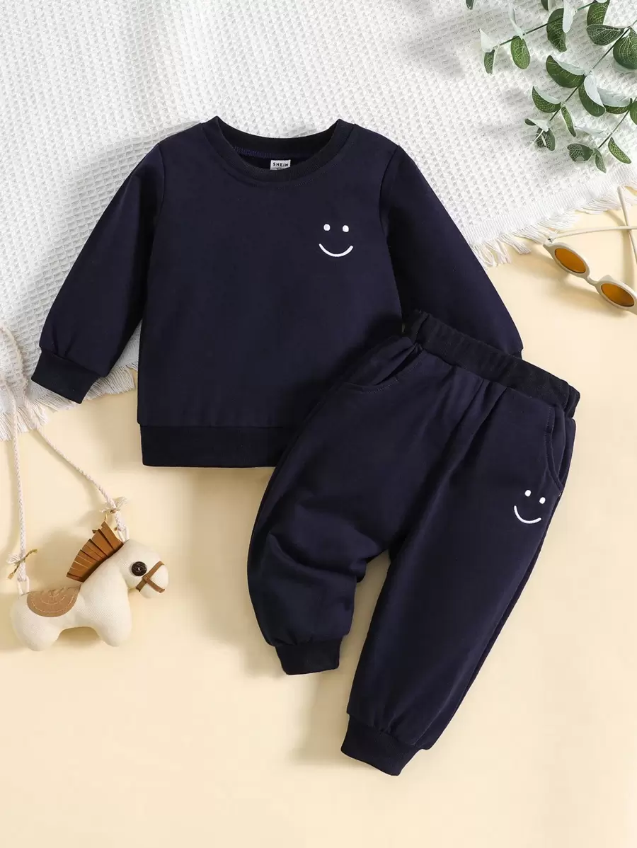 Baby Boy Autumn/Winter Set, Long Sleeve Smile Face Patterned Suit, Baby Casual Outfit SHEIN USA