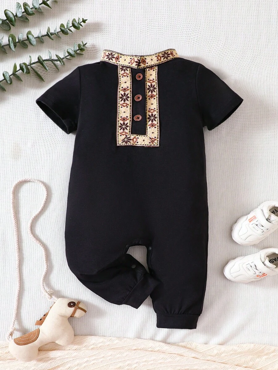 Đứa bé trai Băng tương phản Nút phía trước Áo liền quần - màu đen - Xem 1