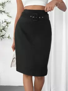 SHEIN Privé Váy nữ Thắt lưng Dây kéo màu trơn Thanh lịch - màu đen - Xem 3