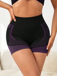 Yoga Futuristic In sọc Thắt lưng băng rộng Quần short thể thao Có túi điện thoại Đen Quần short - Nhiều màu - Xem 4