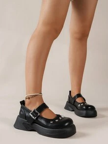 Women's Star Decor Round Toe Wedge Heel Platform Shoes - Black - View 5